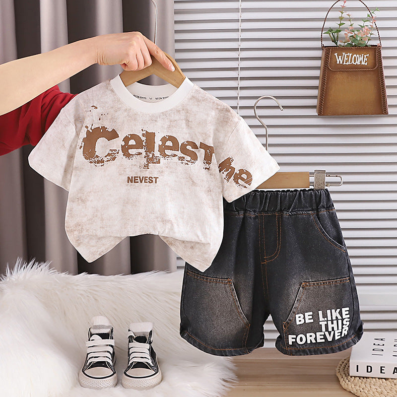 Two piece set of children's letter round neck short sleeved shorts eprolo