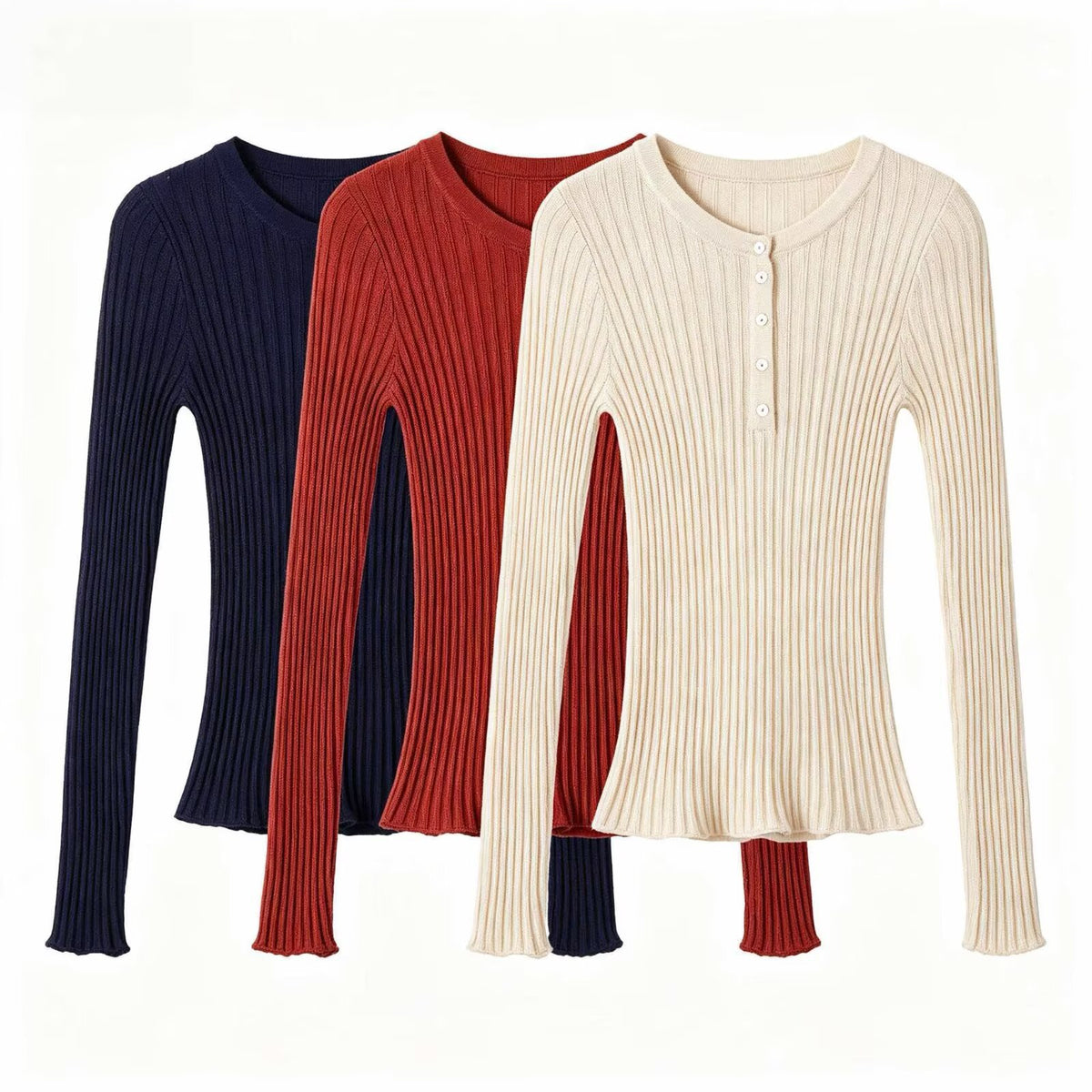 Slim button decoration long sleeved round neck knitted sweater for women eprolo