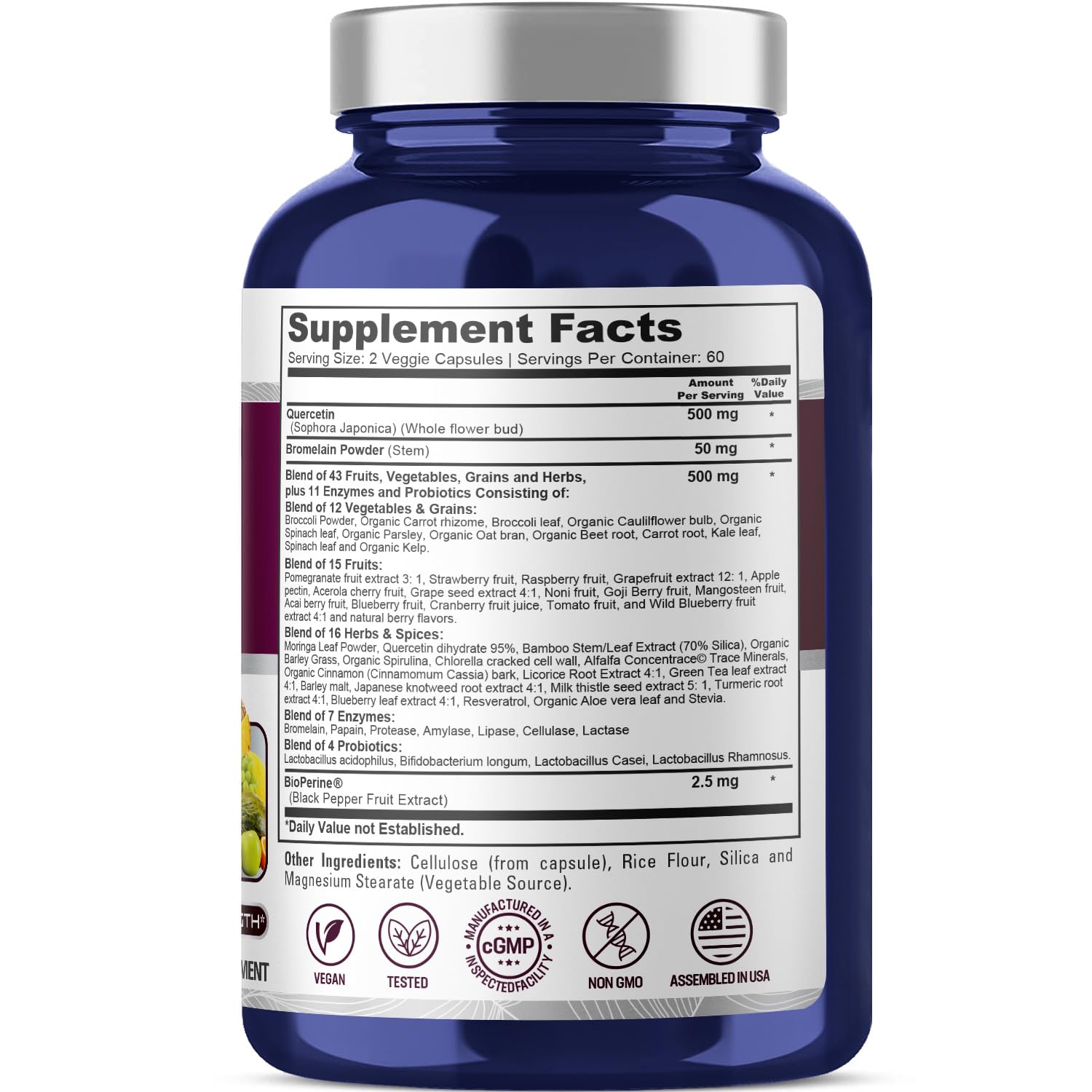 NusaPure Quercetin with Bromelain 500mg |120 Veggie Caps | 43 Fruit Veggie Grain Herbs Enzyme Probiotic Blend | Non-GMO, Vegan, Bioperine NusaPure