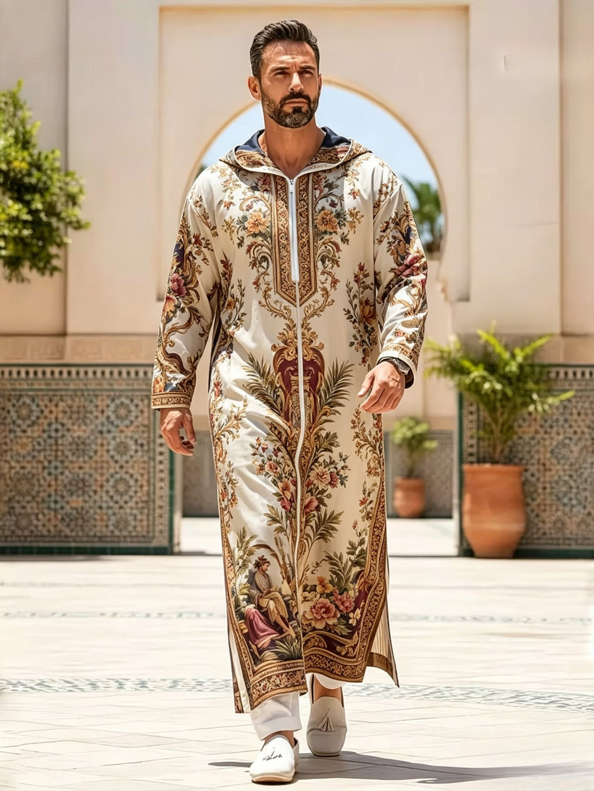 Summer traditional long robe hooded loose daily digital printed long robe eprolo