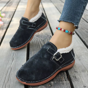 Faux Fur Lined Suede Loafers with Adjustable Buckle Strap