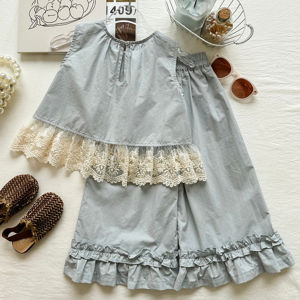 Cute Girls' Ruffled Sleeveless Blouse Set with Mesh e Hem and Peter Pan Collar Wide Leg Pants Two-Piece eprolo