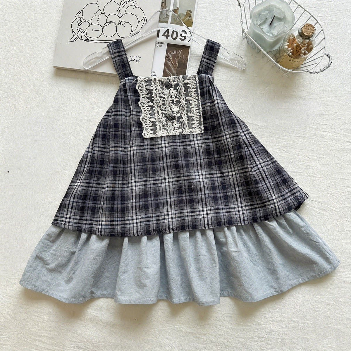 Chic Girl's Square Neck Lace Patchwork Double-Layer Hem Plaid Strap Dress with Wide Shoulder Straps eprolo