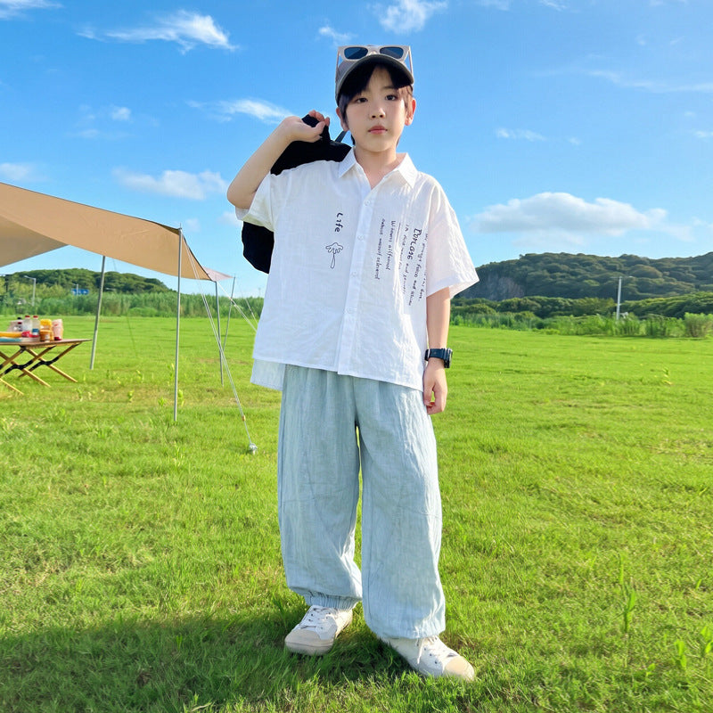 Boy's Short Sleeve Shirt Set, Casual Long Pants eprolo