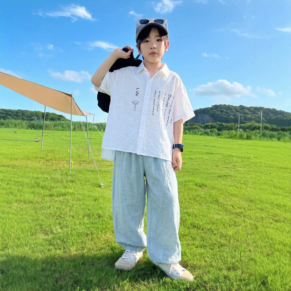 Boy's Short Sleeve Shirt Set, Casual Long Pants eprolo