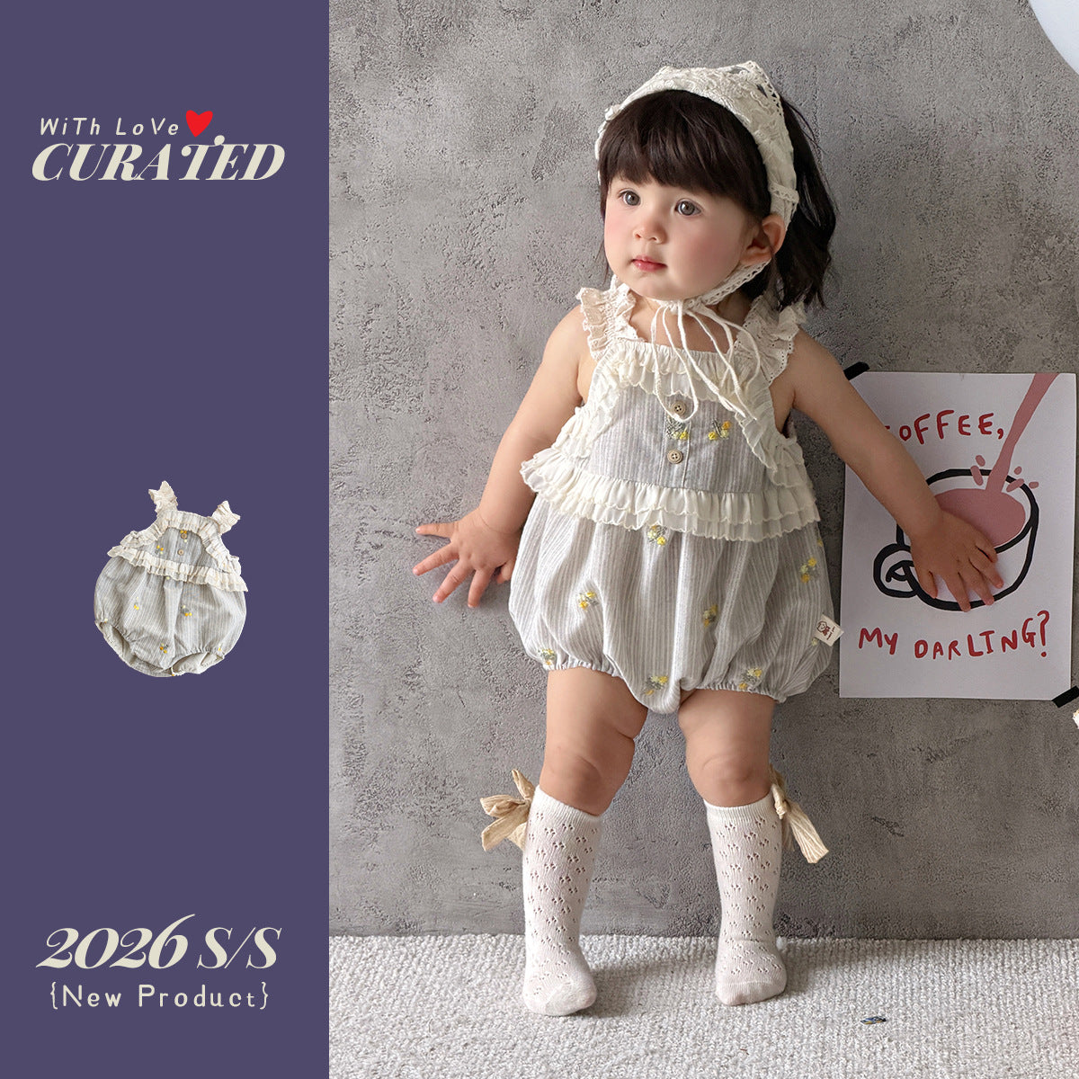 Lightweight Romper Sweet Lace Trim Infant Crawling Suit Toddler Strap One-Piece eprolo