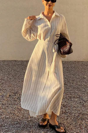 Striped Button-Down Shirt Dress with Waist Tie