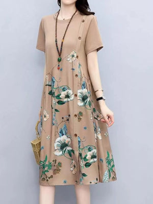 Plus Size Floral Print A-Line Midi Dress with Asymmetric Button Detail