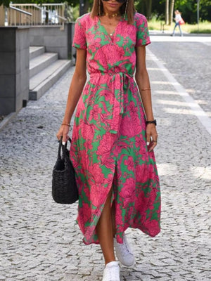 Full Size Slit Floral Print Short Sleeve Dress Plus Size