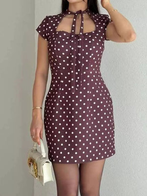 Full Size Polka Dot Tie-Neck Bodycon Mini Dress Plus Size
