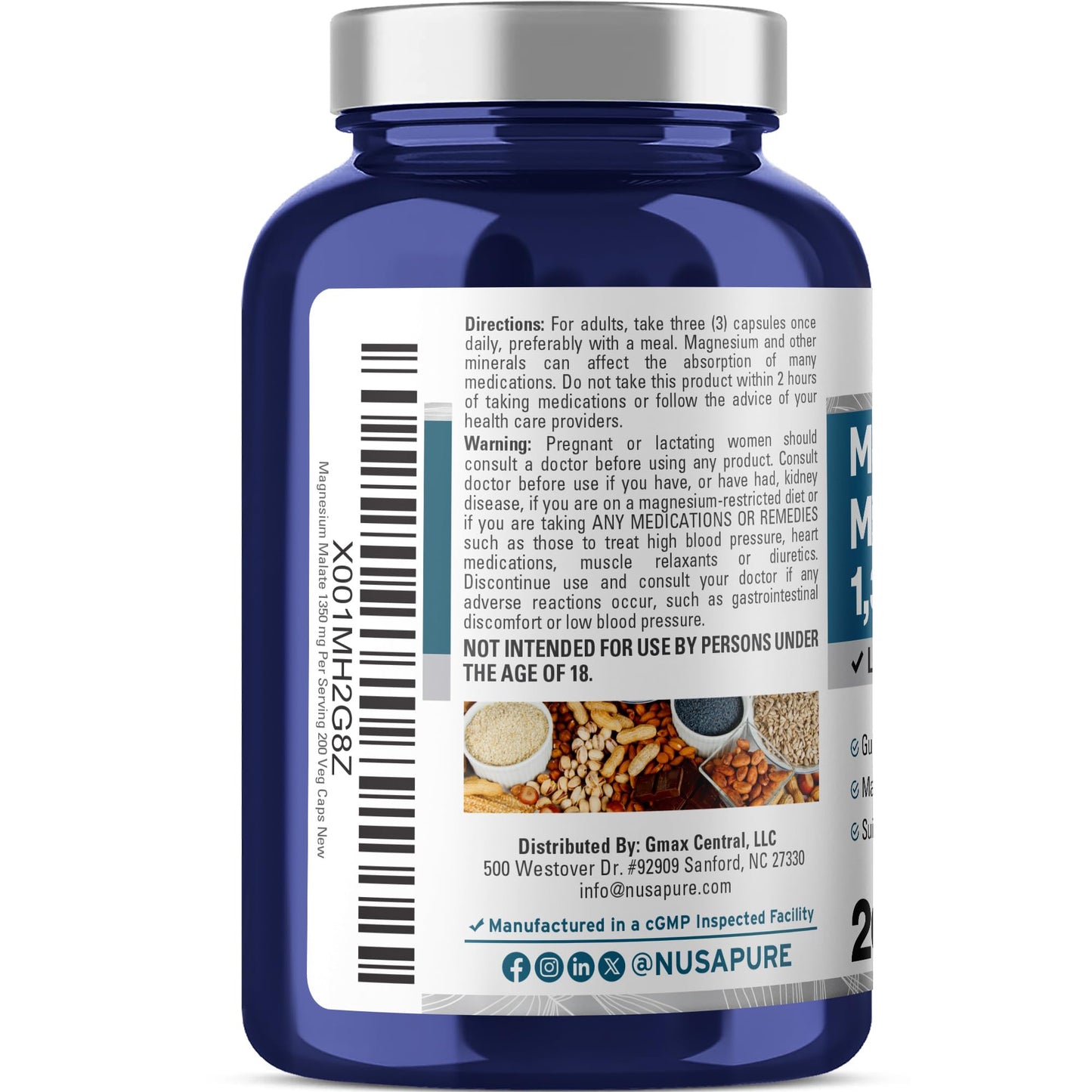 NusaPure Magnesium Malate 1350mg 200 Veggie Capsules (Vegan, Non-GMO, Vegan) NusaPure