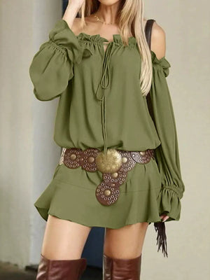 Off-Shoulder Long Sleeve Ruffle Mini Dress