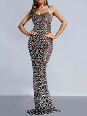 Glamorous Rhinestone Embellished Sheer Mesh Maxi Dress