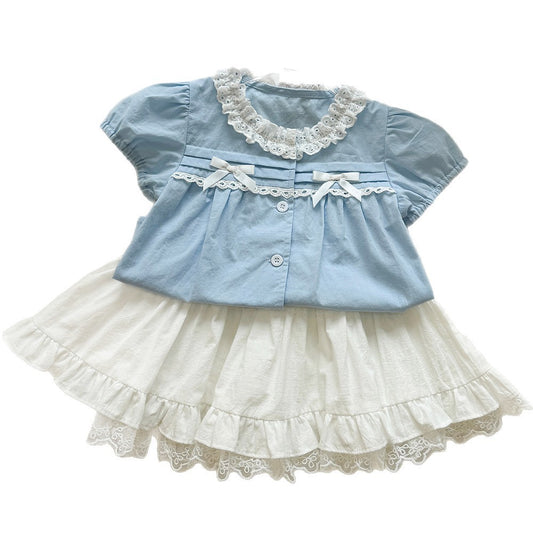 Lace Stand Collar Puff Sleeve Doll Shirt Set for Kids Cake Skirt Two-Piece Set eprolo