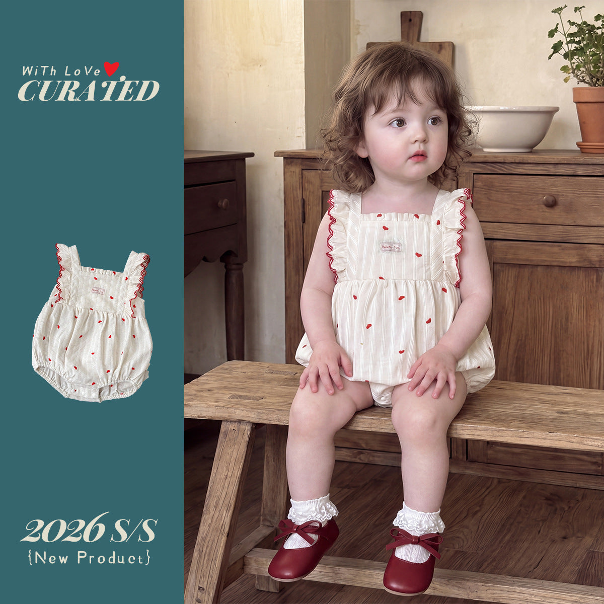 Cotton Romper for Baby Girls, Sweet Ruffled Heart-Shaped Triangular Bodysuit, Baby Girl Onesie Summer eprolo