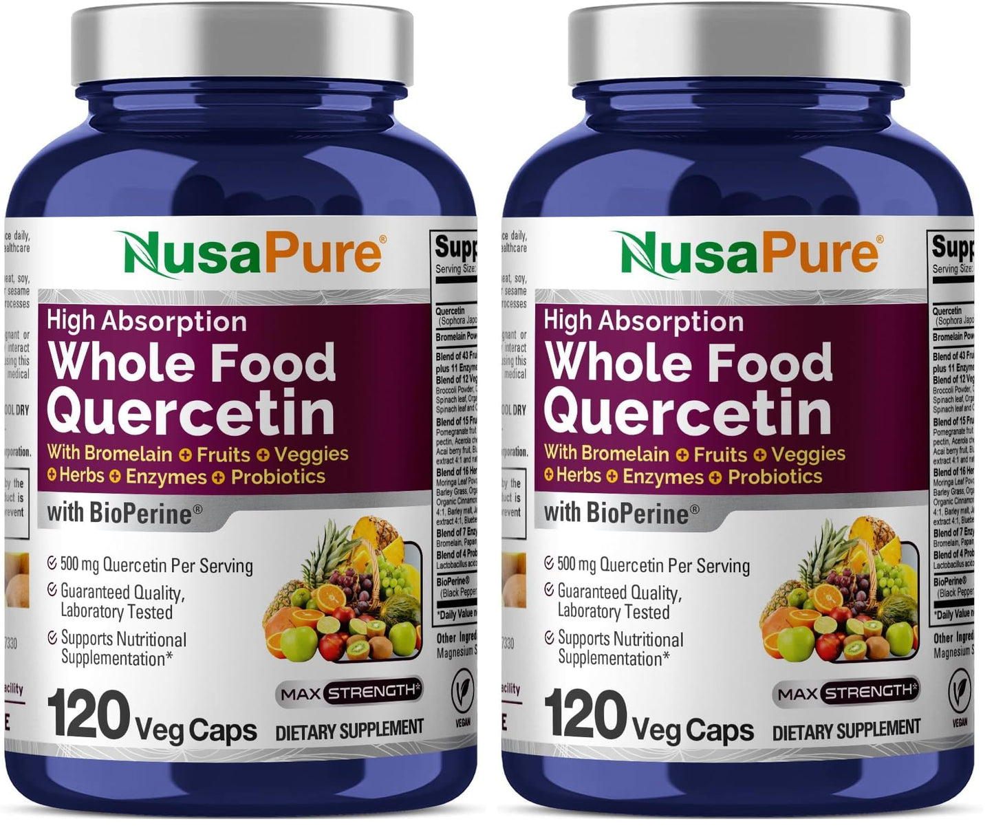 NusaPure Quercetin with Bromelain 500mg |120 Veggie Caps | 43 Fruit Veggie Grain Herbs Enzyme Probiotic Blend | Non-GMO, Vegan, Bioperine NusaPure