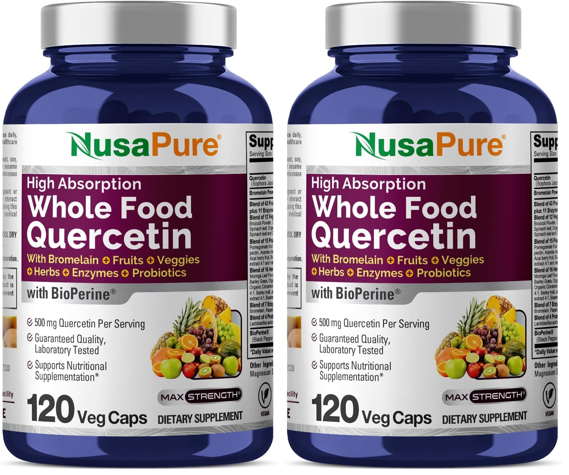NusaPure Quercetin with Bromelain 500mg |120 Veggie Caps | 43 Fruit Veggie Grain Herbs Enzyme Probiotic Blend | Non-GMO, Vegan, Bioperine NusaPure