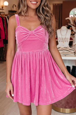 Sweet Bow Neck Adjustable Strap Velvet Short Dress