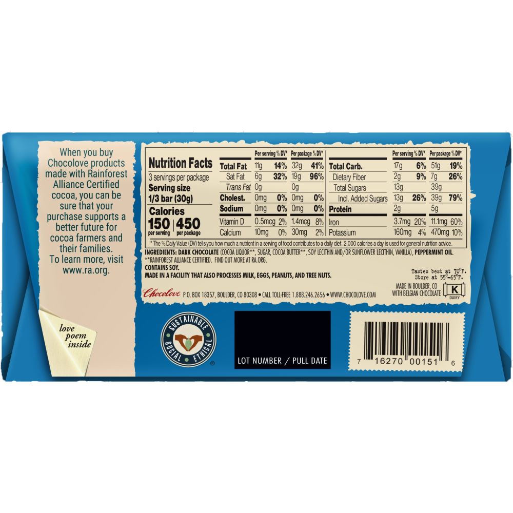 CHOCOLOVE: Peppermint In Dark Chocolate Bar, 3.2 oz Smart Greens