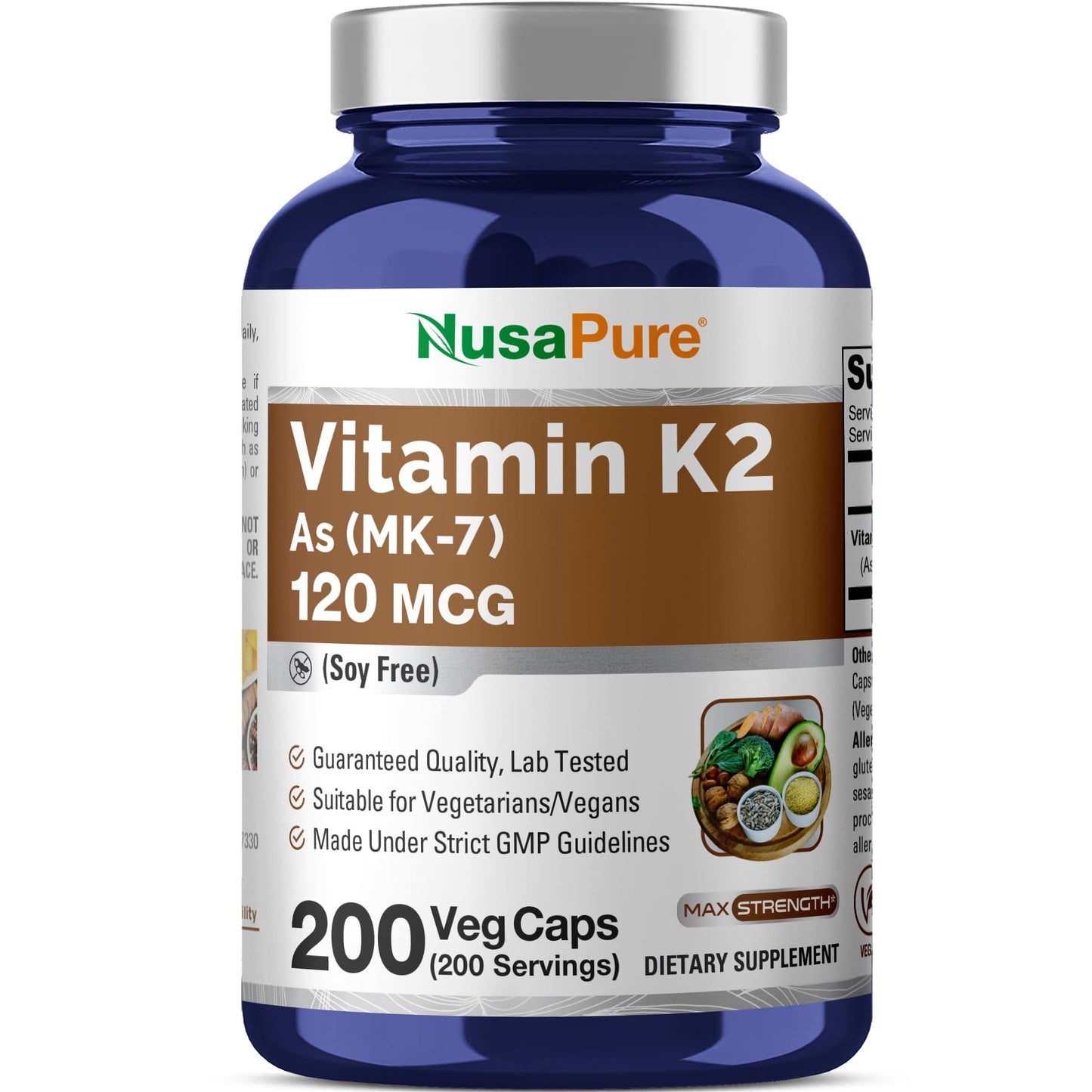 NusaPure Vitamin K2 MK7 120 mcg 200 Veggie Caps (Soy Free, Non-GMO, Vegan) NusaPure