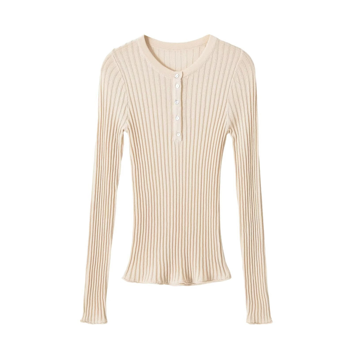 Slim button decoration long sleeved round neck knitted sweater for women eprolo