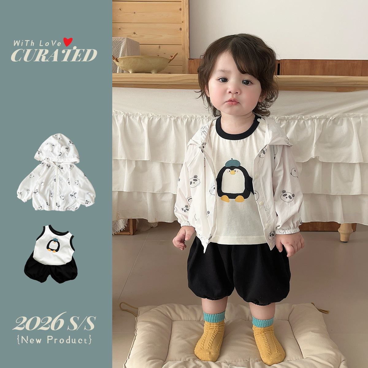 Baby Boy Simple Sporty Outfit Set Sleeveless Cartoon Tank Top, Lightweight Sun Protection Three-Piece Set eprolo