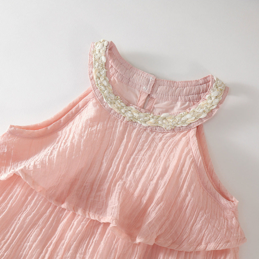 Pink Ruffle Strap Dress for Girls, Sweet Princess Dress with Necktie Design eprolo