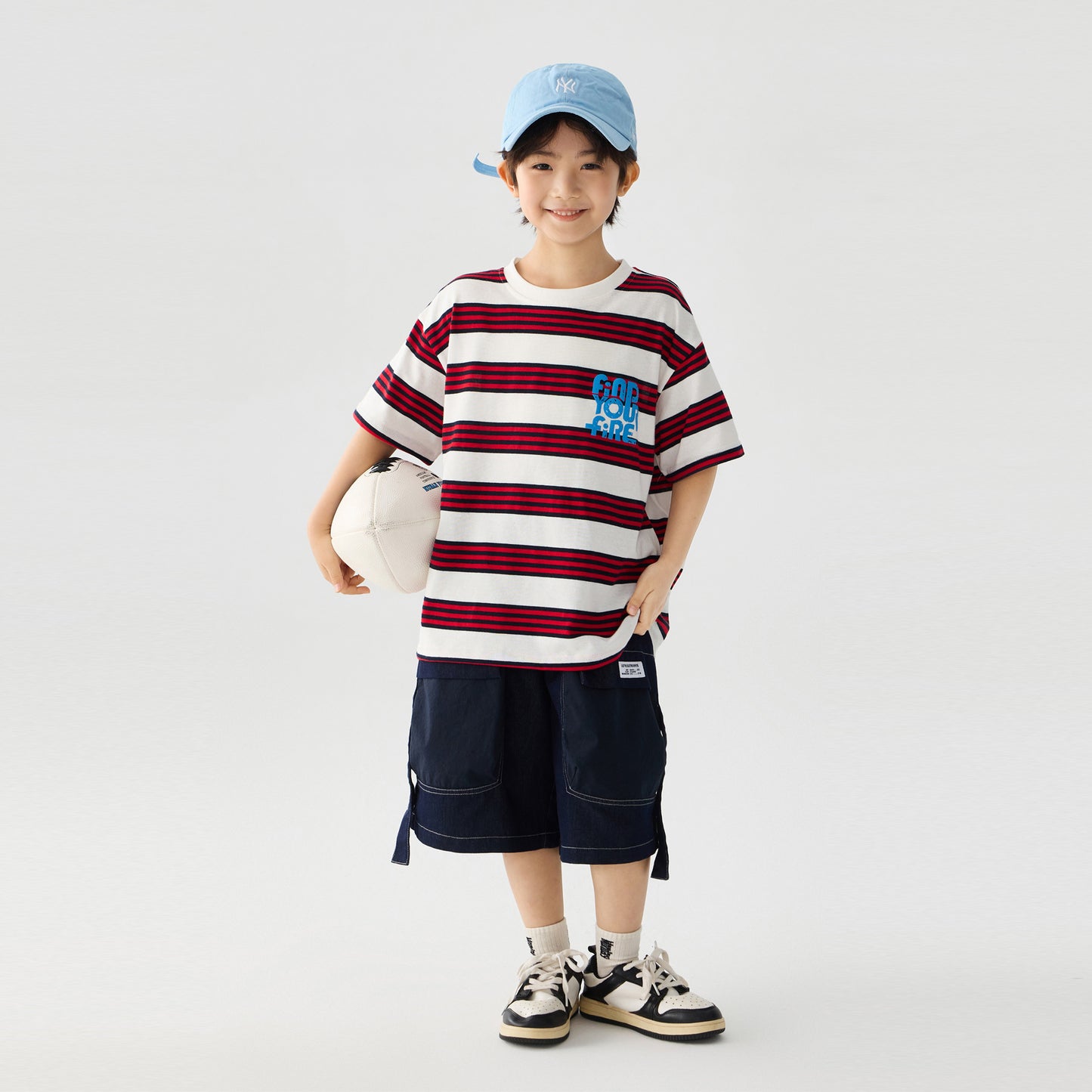 Loose Fit Striped Letter Print Short Sleeve T-Shirt for Boys eprolo