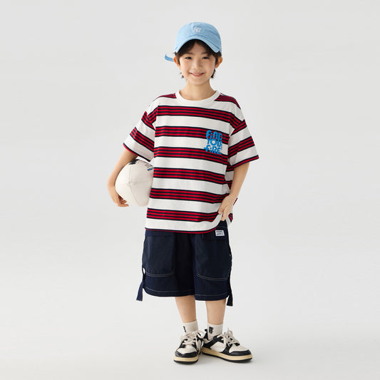 Loose Fit Striped Letter Print Short Sleeve T-Shirt for Boys eprolo