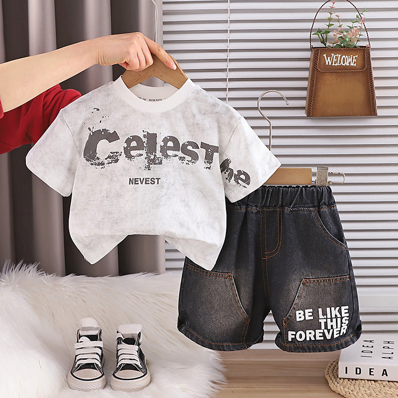 Two piece set of children's letter round neck short sleeved shorts eprolo