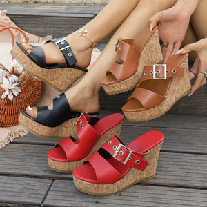 Buckle Strap Cork Wedge Sandals