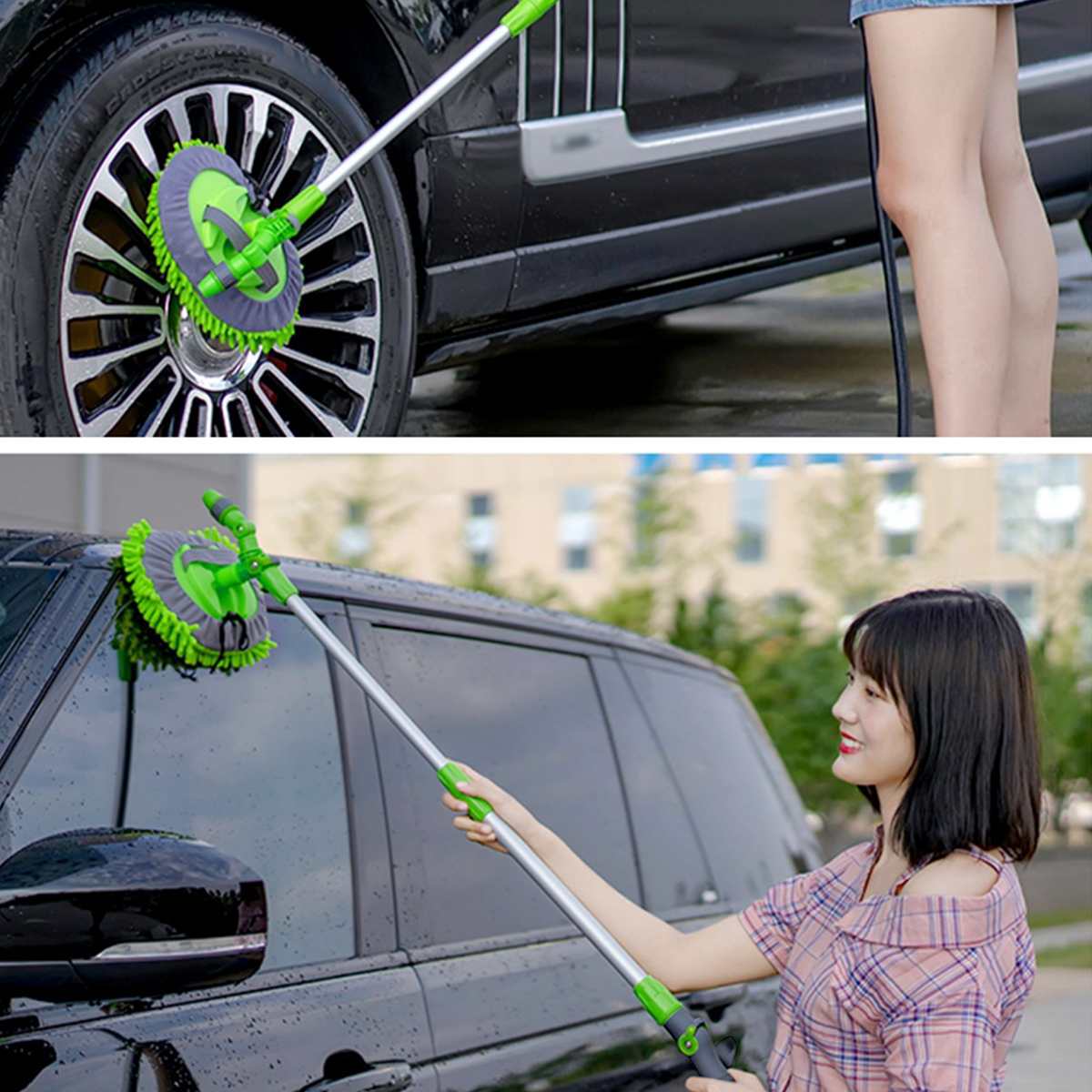 2 in 1 Car Wash Mop Mitt with Long Handle Chenille Microfiber Car Wash Dust Brush Extension Pole 75-112cm Scratch Cleaning Tool eprolo