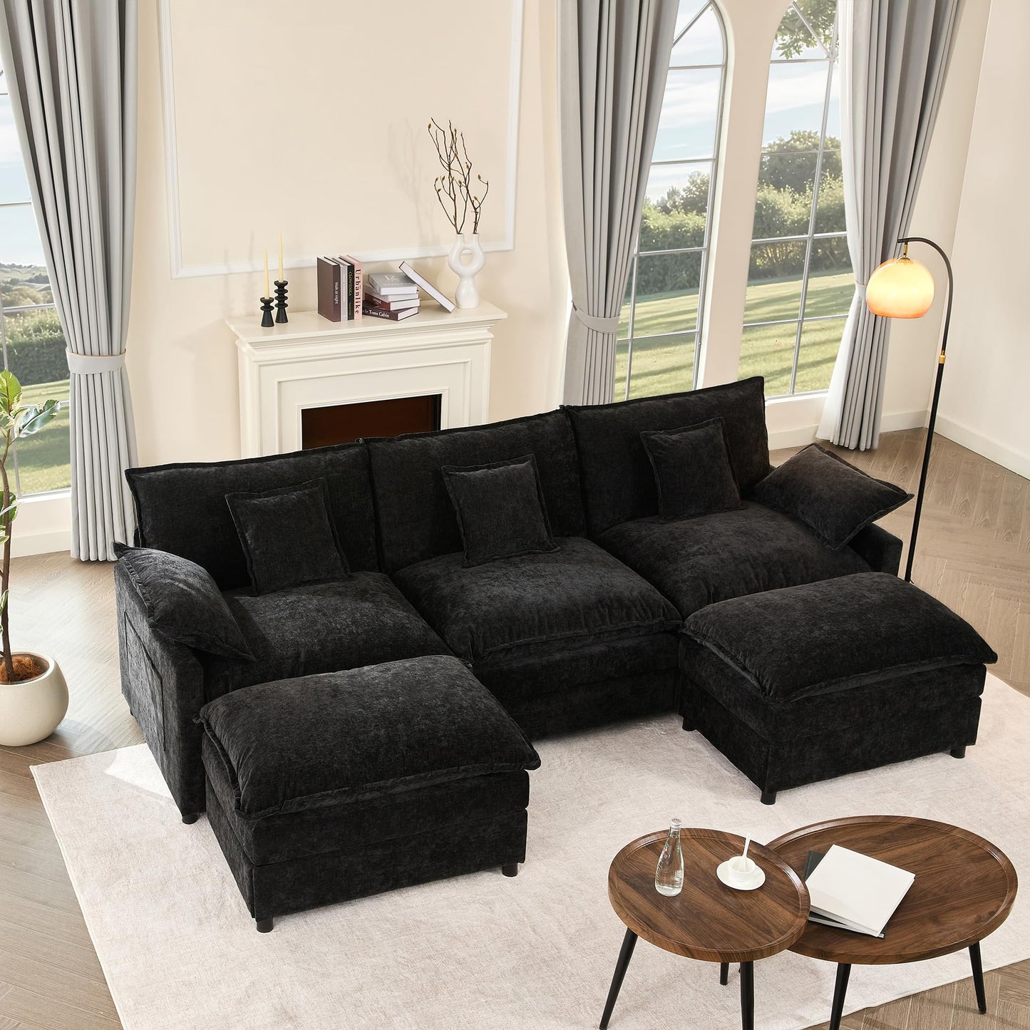 GOSUHI 142.5" U-Shaped Modular Cloud Couch, Deep Seat, Chenille Black | Cloud Comfort, Couches for Living Room, Removable & Machine-Washable Covers, Movable Ottoman, Modular Sectional Sofa