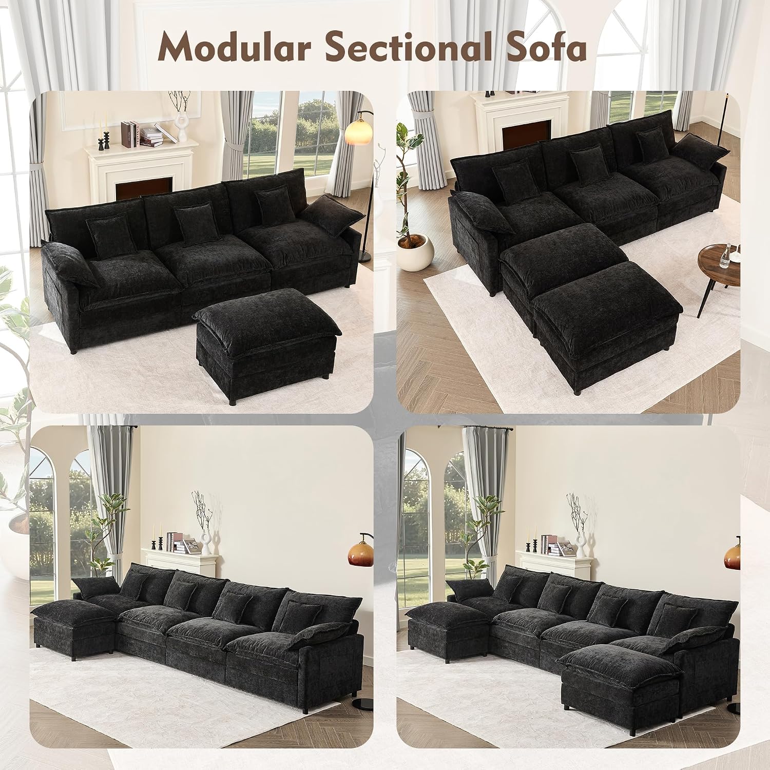 GOSUHI 142.5" U-Shaped Modular Cloud Couch, Deep Seat, Chenille Black | Cloud Comfort, Couches for Living Room, Removable & Machine-Washable Covers, Movable Ottoman, Modular Sectional Sofa