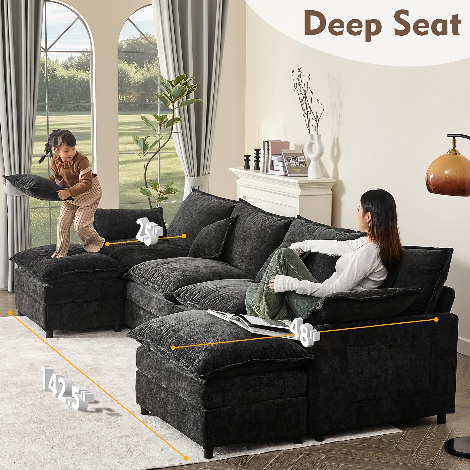 GOSUHI 142.5" U-Shaped Modular Cloud Couch, Deep Seat, Chenille Black | Cloud Comfort, Couches for Living Room, Removable & Machine-Washable Covers, Movable Ottoman, Modular Sectional Sofa