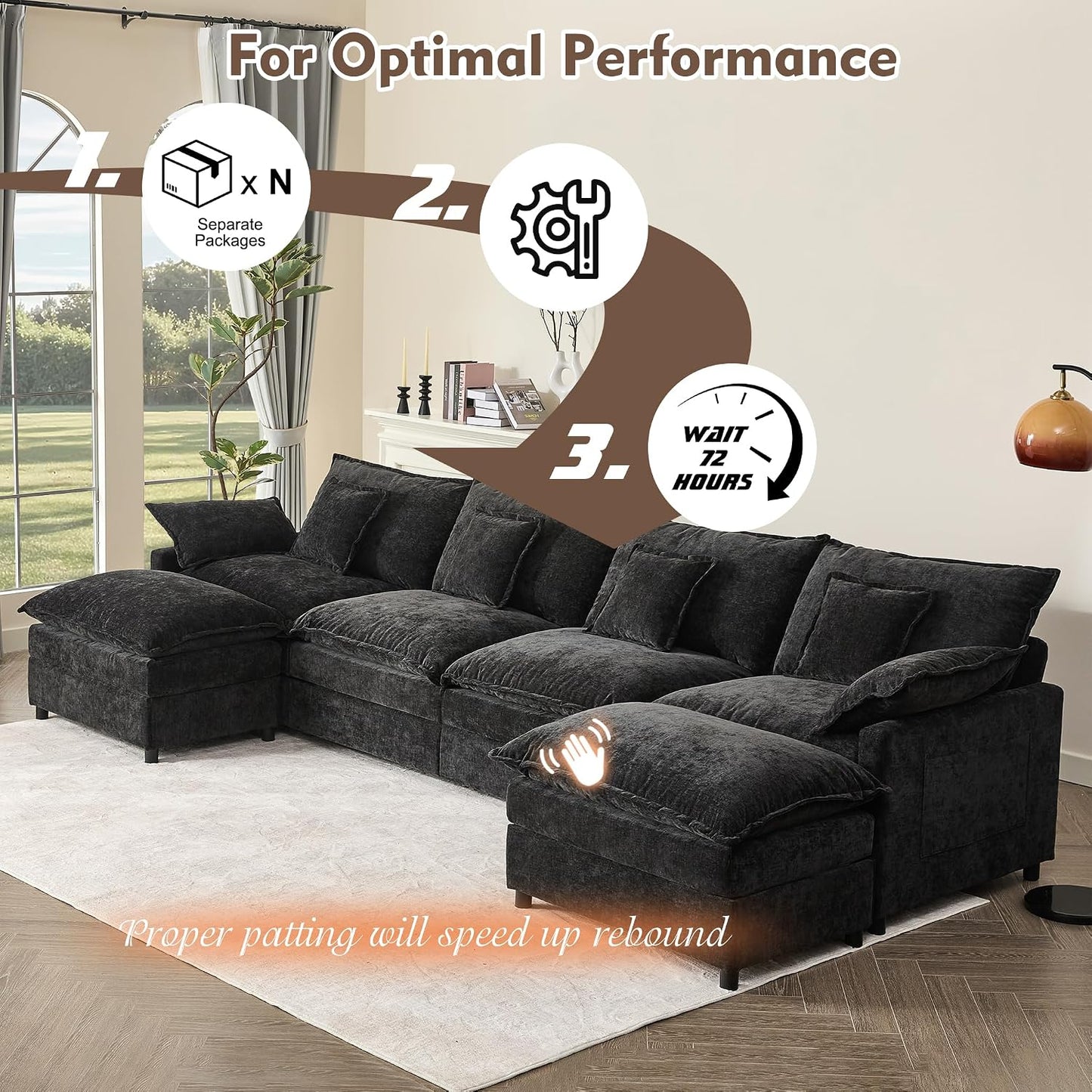 GOSUHI 142.5" U-Shaped Modular Cloud Couch, Deep Seat, Chenille Black | Cloud Comfort, Couches for Living Room, Removable & Machine-Washable Covers, Movable Ottoman, Modular Sectional Sofa