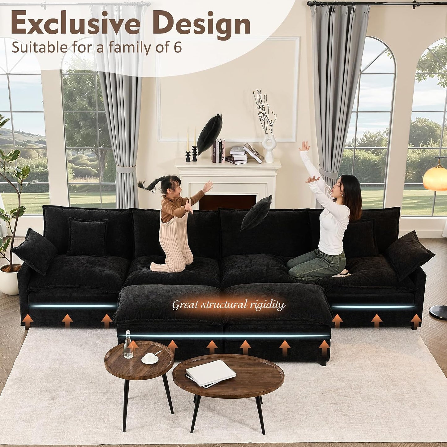 GOSUHI 142.5" U-Shaped Modular Cloud Couch, Deep Seat, Chenille Black | Cloud Comfort, Couches for Living Room, Removable & Machine-Washable Covers, Movable Ottoman, Modular Sectional Sofa