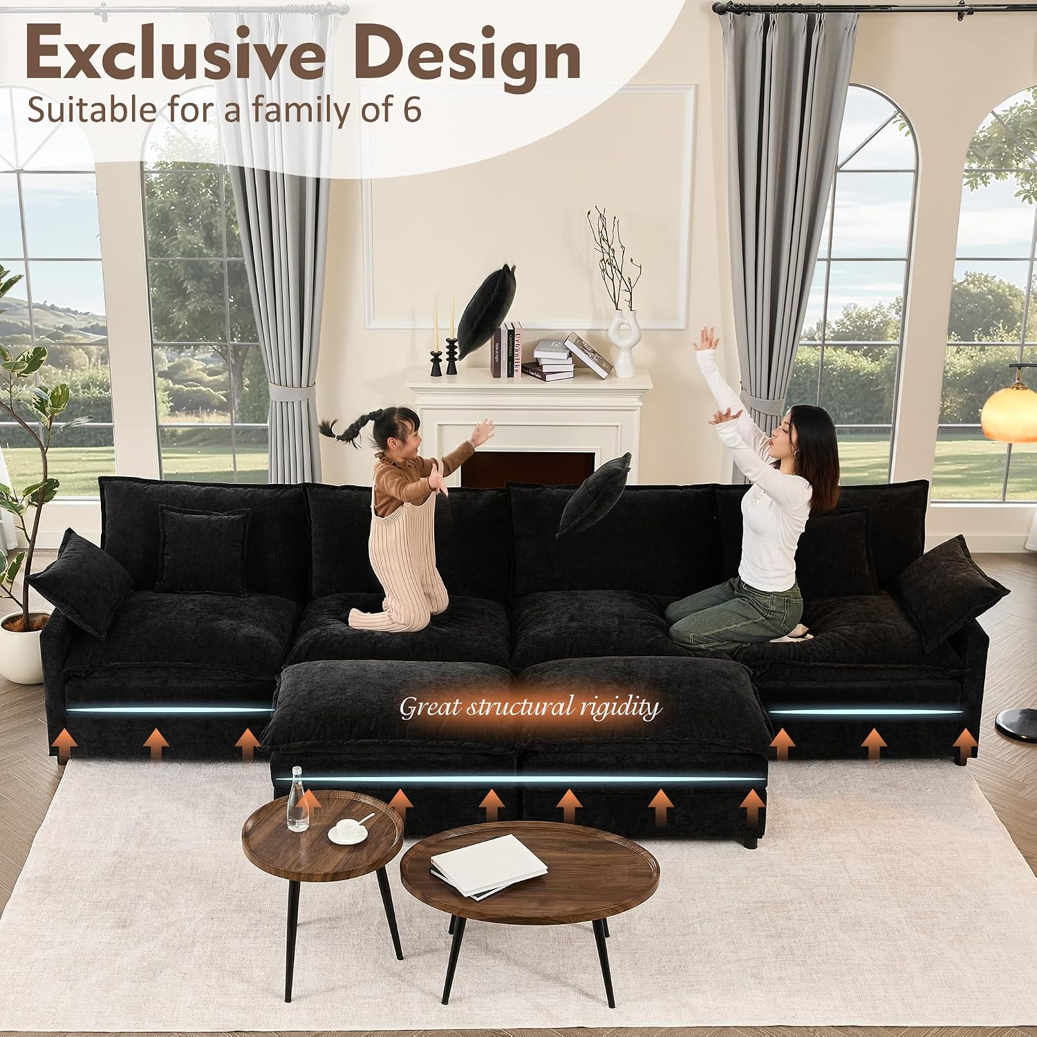 GOSUHI 142.5" U-Shaped Modular Cloud Couch, Deep Seat, Chenille Black | Cloud Comfort, Couches for Living Room, Removable & Machine-Washable Covers, Movable Ottoman, Modular Sectional Sofa