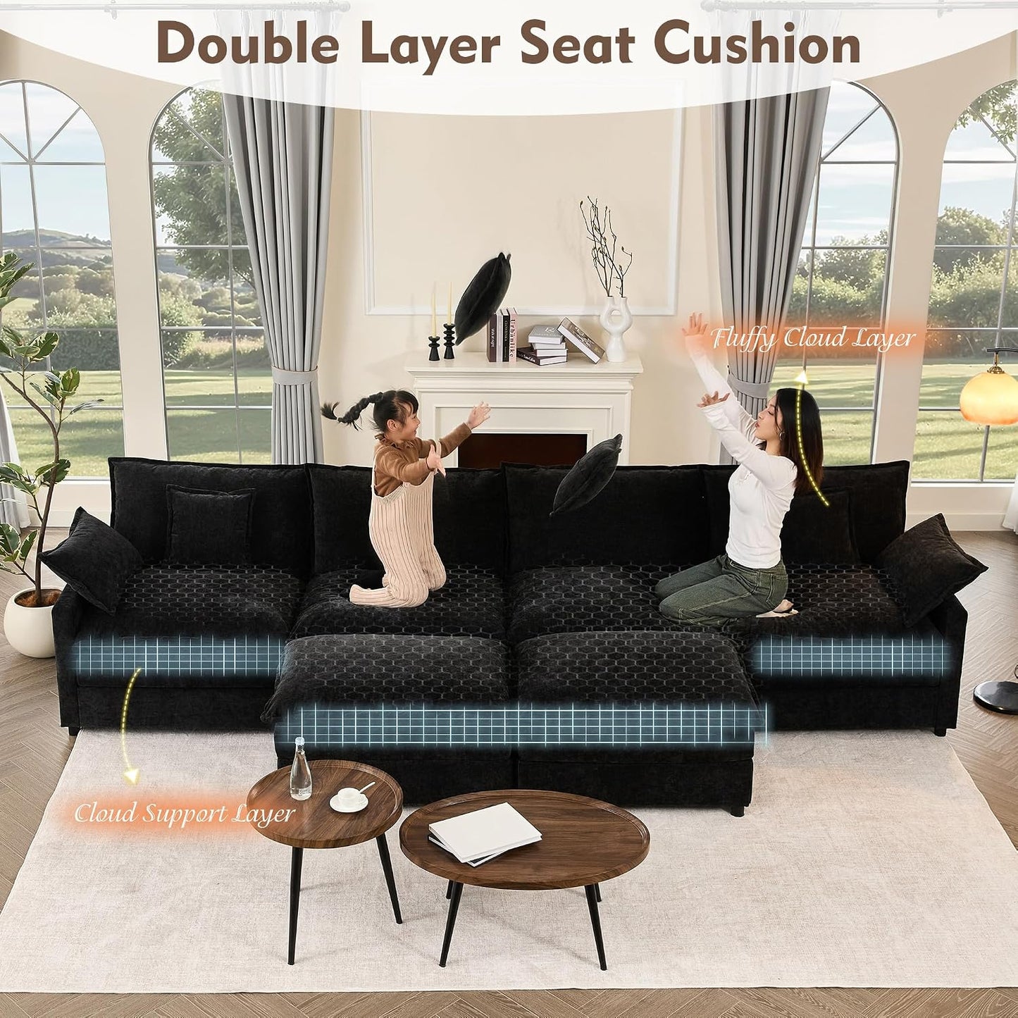 GOSUHI 142.5" U-Shaped Modular Cloud Couch, Deep Seat, Chenille Black | Cloud Comfort, Couches for Living Room, Removable & Machine-Washable Covers, Movable Ottoman, Modular Sectional Sofa