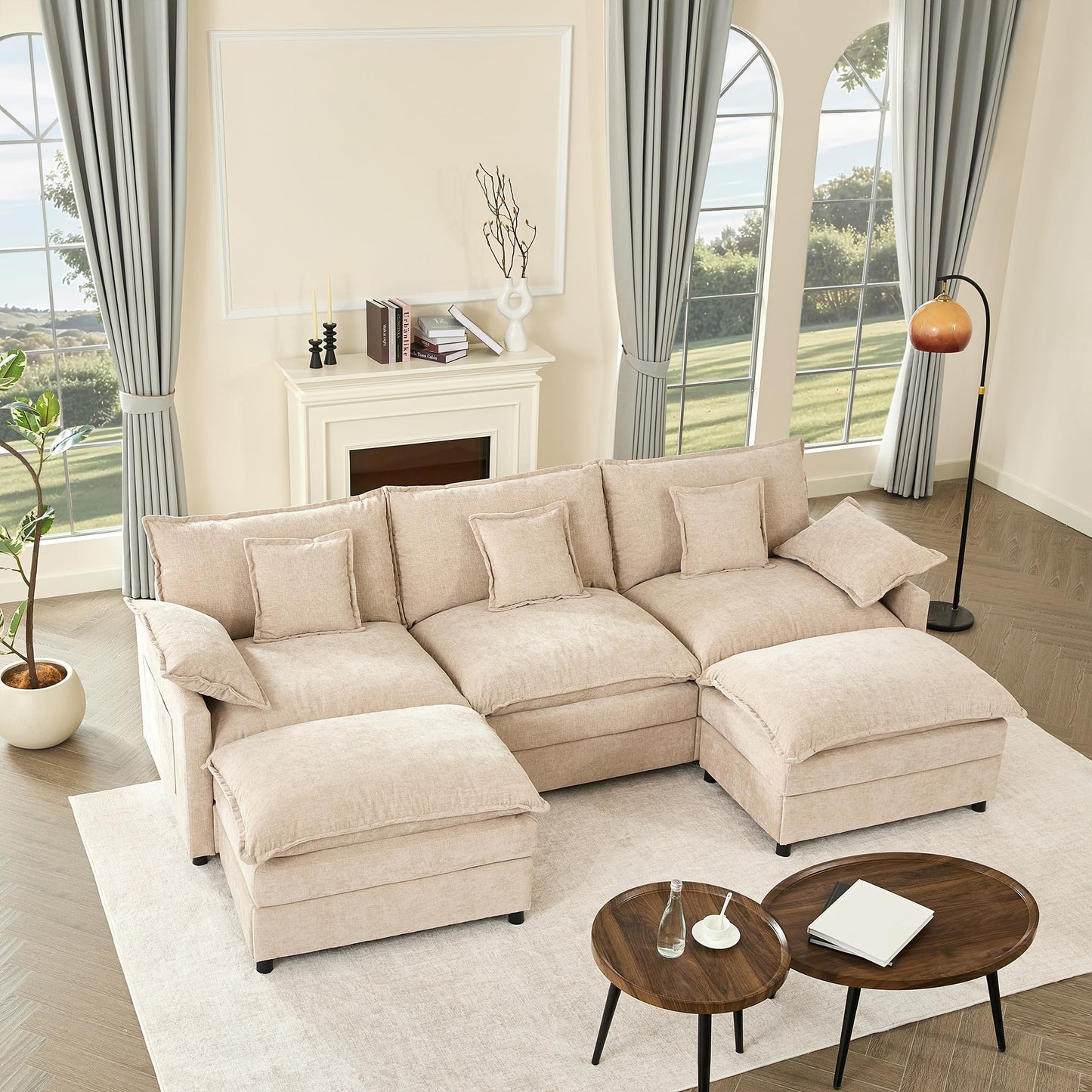 GOSUHI 142.5" U-Shaped Modular Cloud Couch, Deep Seat, Chenille Black | Cloud Comfort, Couches for Living Room, Removable & Machine-Washable Covers, Movable Ottoman, Modular Sectional Sofa