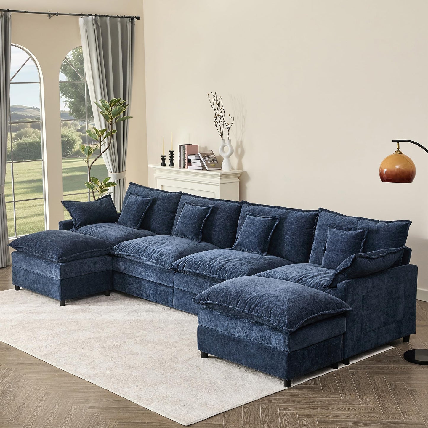 GOSUHI 142.5" U-Shaped Modular Cloud Couch, Deep Seat, Chenille Black | Cloud Comfort, Couches for Living Room, Removable & Machine-Washable Covers, Movable Ottoman, Modular Sectional Sofa