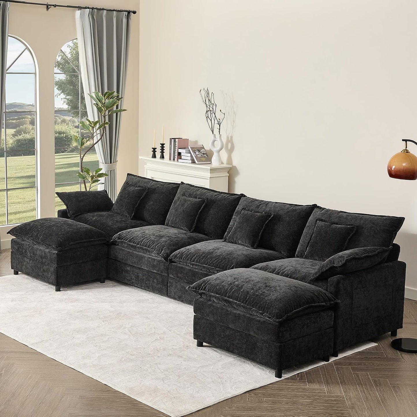 GOSUHI 142.5" U-Shaped Modular Cloud Couch, Deep Seat, Chenille Black | Cloud Comfort, Couches for Living Room, Removable & Machine-Washable Covers, Movable Ottoman, Modular Sectional Sofa