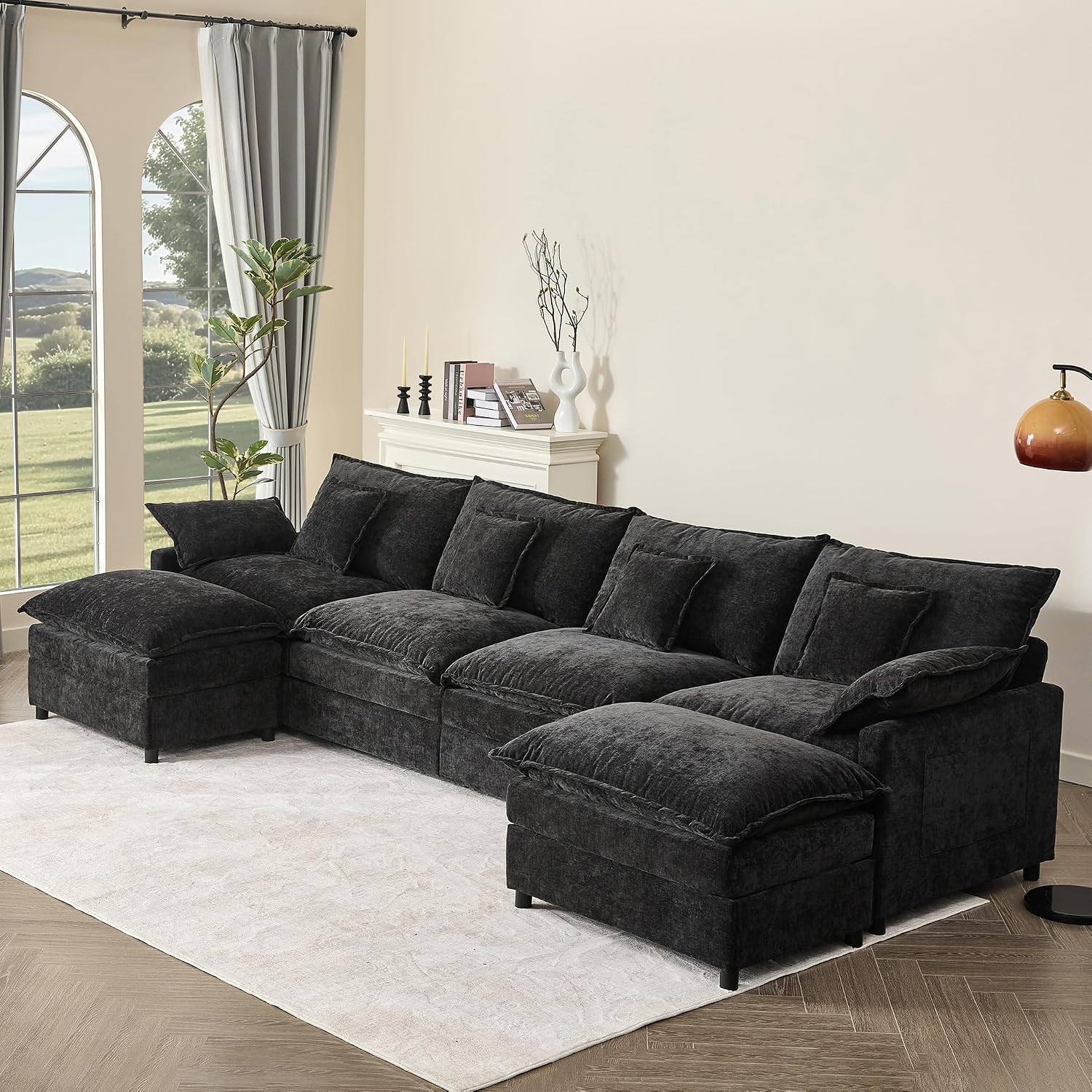 GOSUHI 142.5" U-Shaped Modular Cloud Couch, Deep Seat, Chenille Black | Cloud Comfort, Couches for Living Room, Removable & Machine-Washable Covers, Movable Ottoman, Modular Sectional Sofa