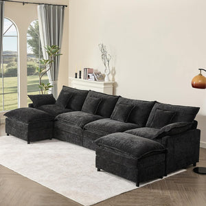 GOSUHI 142.5" U-Shaped Modular Cloud Couch, Deep Seat, Chenille Black | Cloud Comfort, Couches for Living Room, Removable & Machine-Washable Covers, Movable Ottoman, Modular Sectional Sofa