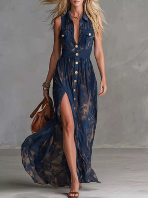 Sleeveless Button-Down Maxi Dress with High Slit
