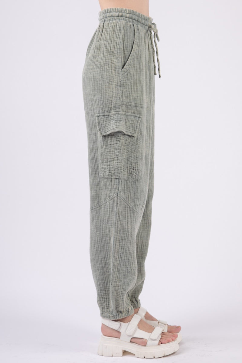 VERY J Washed Woven Crinkle Gauze Drawstring Cargo Pants