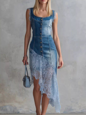 Sleeveless Patchwork Denim Dress with Asymmetric Lace Hem