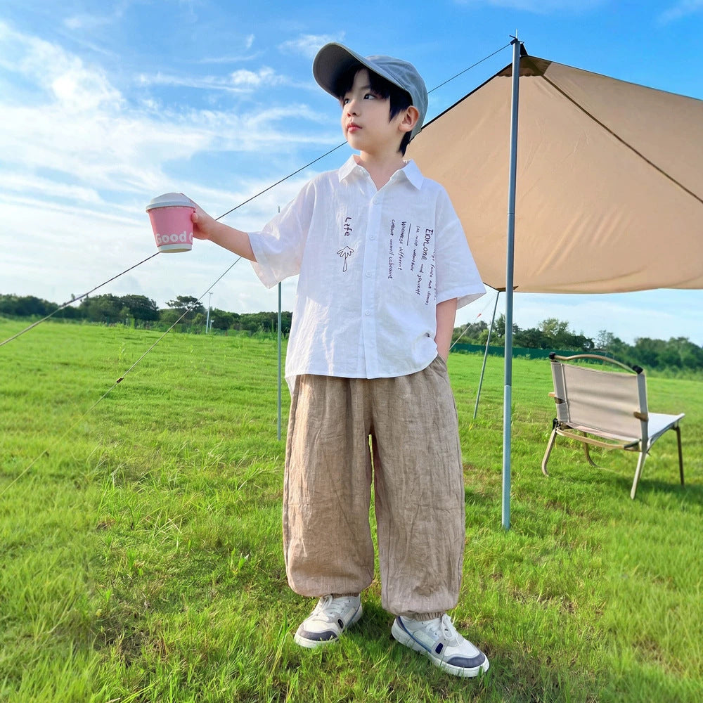 Boy's Short Sleeve Shirt Set, Casual Long Pants eprolo