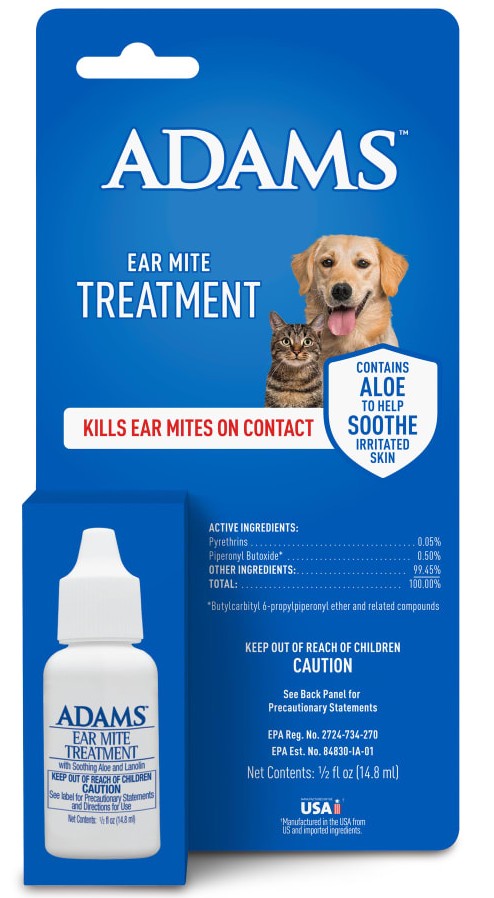 Adams Ear Mite Treatment for Dogs & Cats 0.5oz Kills Mites Fast Soothes Pet Ear 2PCK Paw and Tail Supply