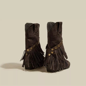 Vintage Suede Western Fringe Boots with Studded Straps
